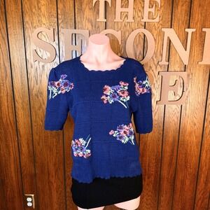 Herman Geist Sweater‎ Women M Blue Hand Embroidered Floral Linen Cottagecore Top